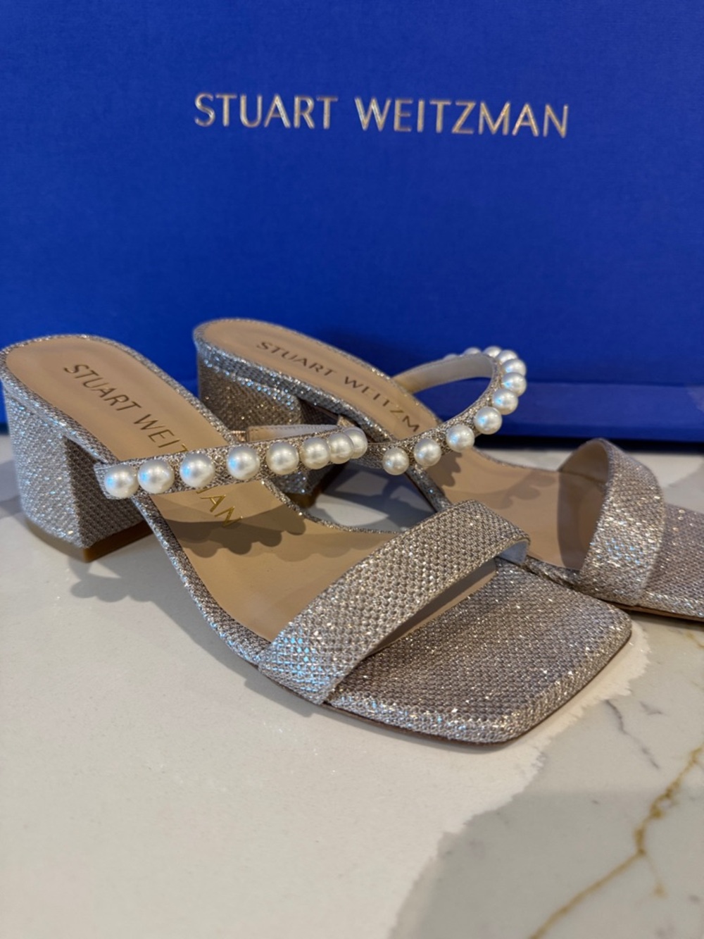 Stuart Weitzman Silver Pearl-Strap Glitter Block Heel Sandals 7